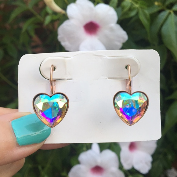 Aurora Borealis Crystal Heart + Rose Gold Drop Earrings - Picture 10 of 10